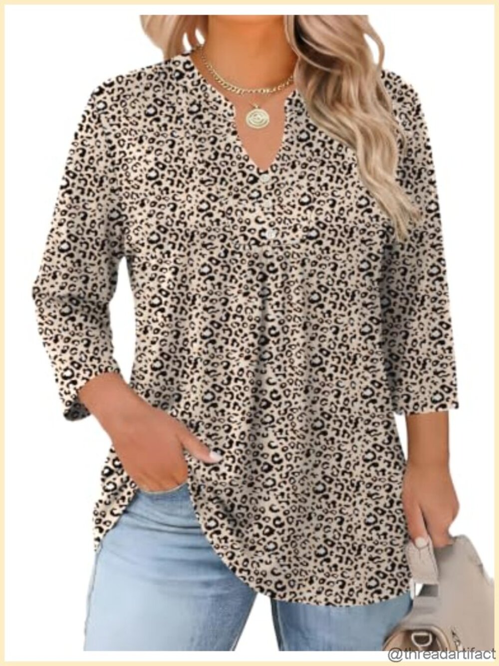 Women's Plus Size 3/4 Sleeve V-Neck Tunic Top Loose Fit Business Casual Blouse